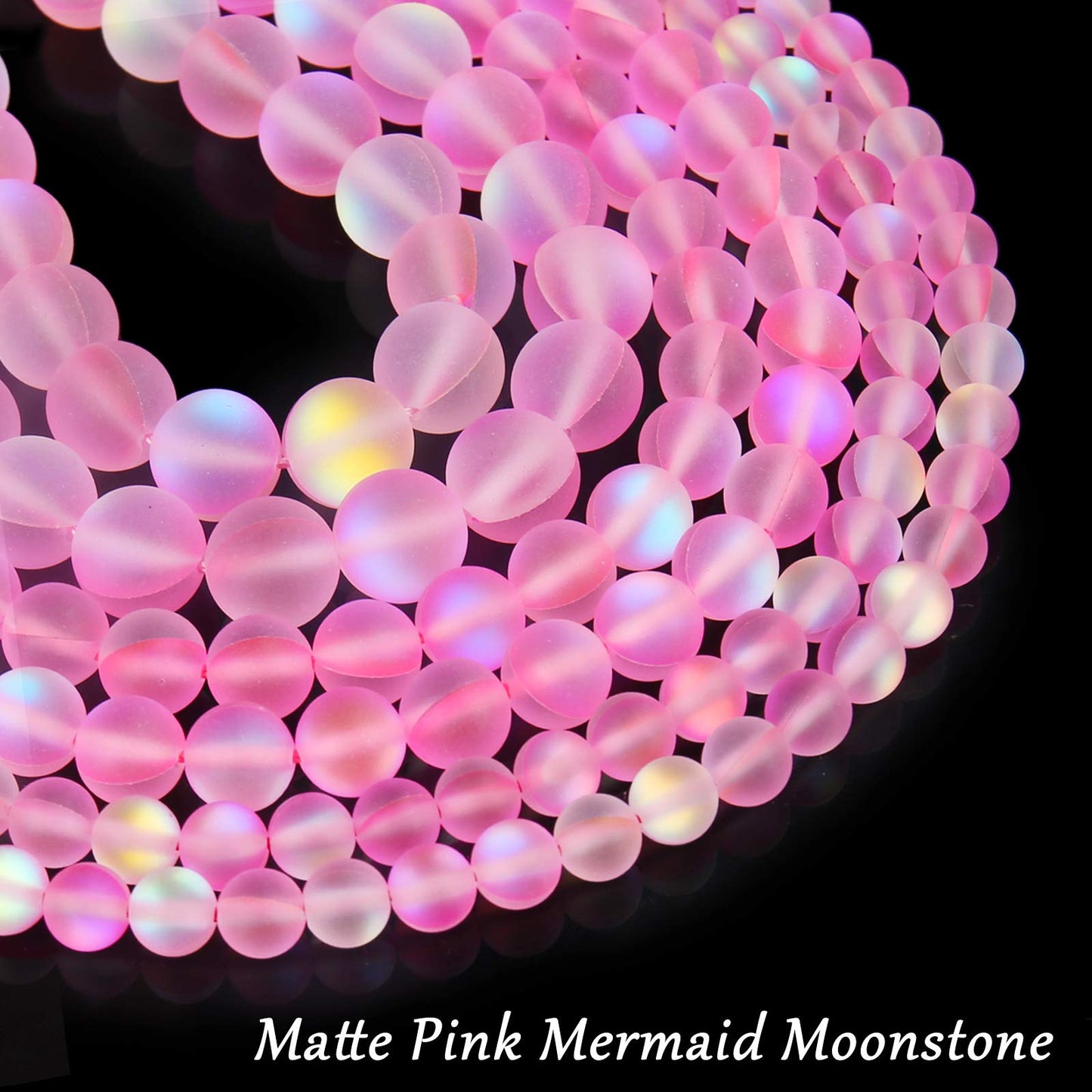 Matte Pink Aurora Crystal Glass Beads, 10MM Frosted Glitter Shining Mermaid Round Loose Beads, Rainbow Holographic Synthetic Moonstone for Jewelry Making DIY Bracelet