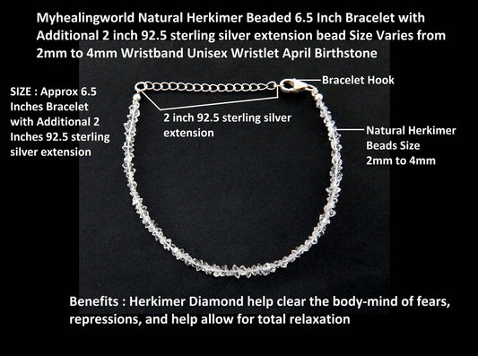Myhealingworld Natural Herkimer Beaded 6.5 Inch Bracelet with Additional 2 inch 92.5 sterling silver extension bead Size Varies from 2mm to 4mm Wristband Unisex Wristlet April Birthstone