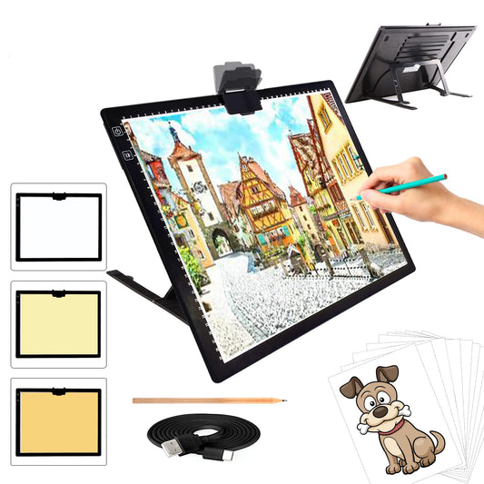 TOHETO A3 Light Pad, Rechargeable Light Board for Diamond Painting, Tracing Light Box with Stand and Clip, Light Table Lightbox for Tracing, Drawing