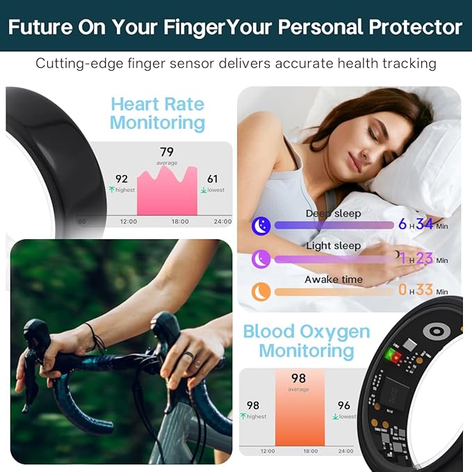 Smart Rings for Women Men,Fitness Tracker Ring,Heart Rate,Blood Oxygen,Blood Pressure,Step Tracker,Sleep Monitoring,No Subscription Fee,IP68 Waterproof Smart Ring for iphone&Android(Black 13)