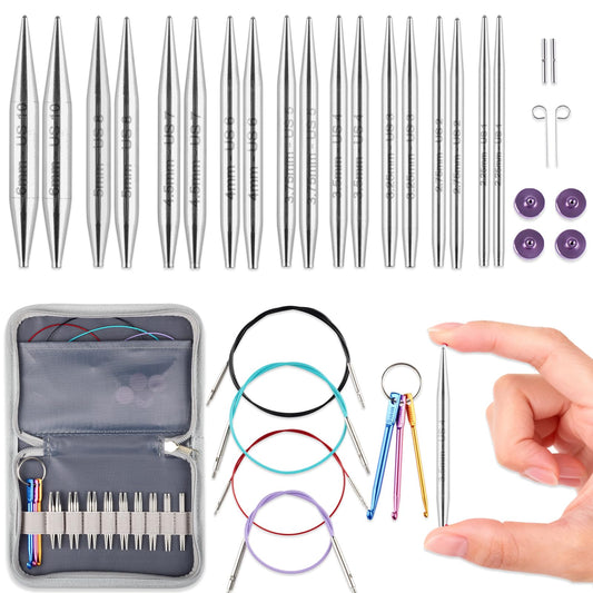 Svartur 2 inch Interchangeable Circular Knitting Needles, Stainless Steel Shorties Interchangeable Knitting Needles with 4 Assorted Cables, Storage case