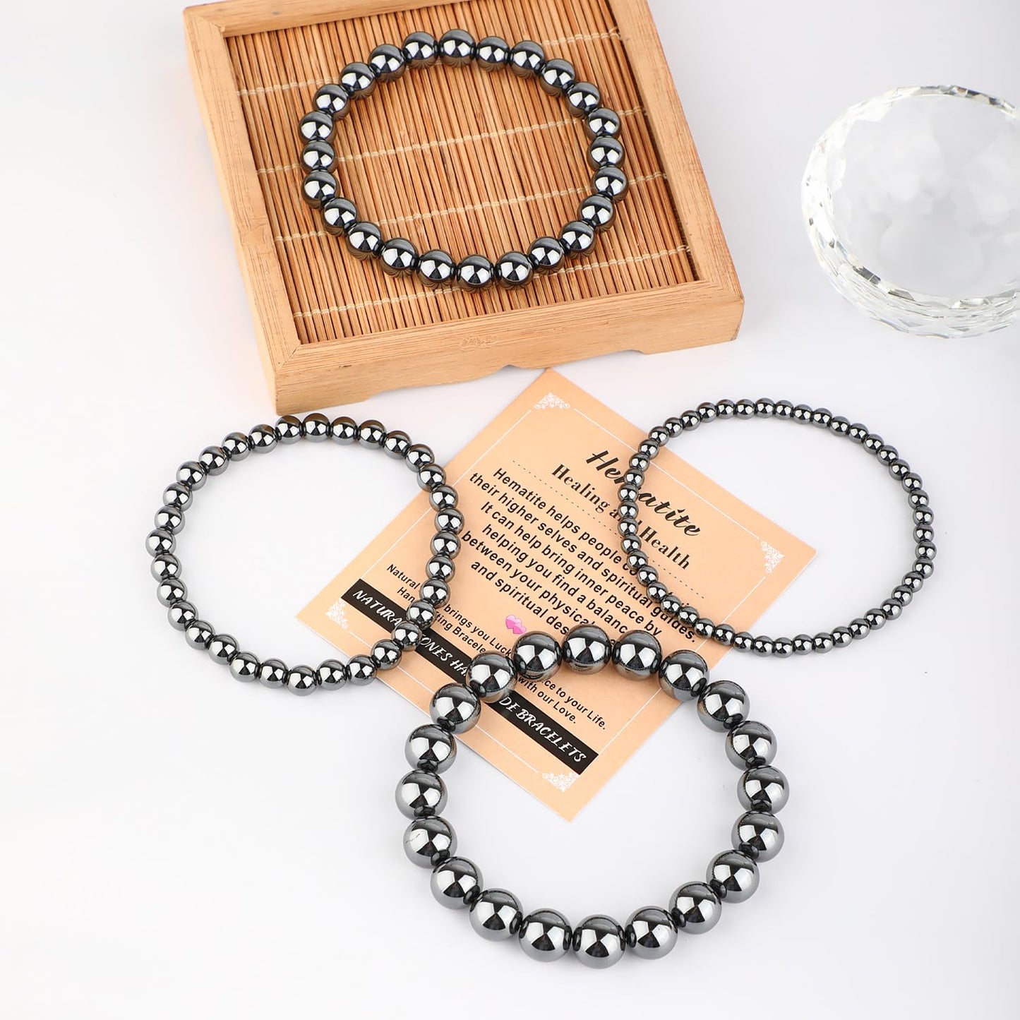 AD Beads 10mm Handmade Hematite Elastic Bracelet – Natural Gemstone for Healing and Health – Meditation, Yoga, Healing and Energy Gift for Men Women