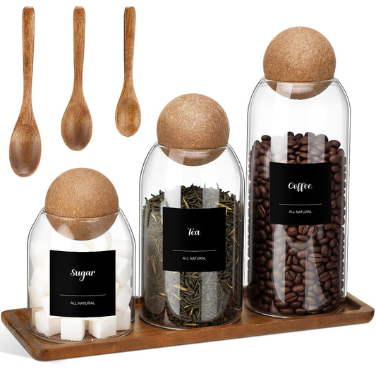 Suclain 3 Pcs Glass Coffee Storage Jar with Ball Cork Lid Wooden Spoon Shelf Labels Airtight Round Bottle Jar Food Storage Canister Set for Sugar Spice Coffee Bean Holder Candy Gift(17, 27, 41 oz)