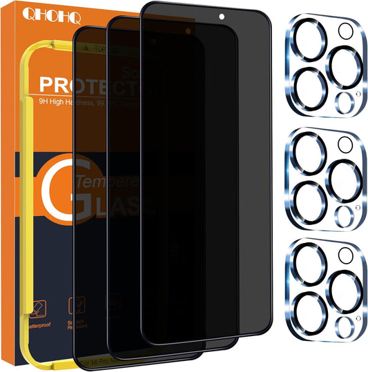 16 9H+ [3+3 Pack] QHOHQ for iPhone Pro Max Privacy Screen Protector + Camera Lens Protector, [Military Grade