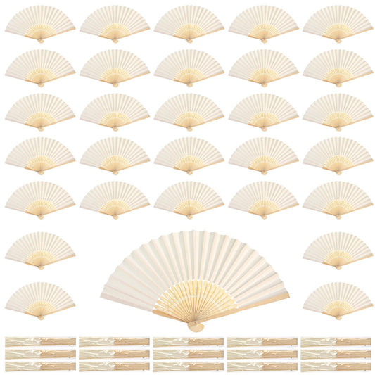 Qunclay 60 Pcs White Paper Hand Fans Bulk Bamboo Folding Handheld Wedding Fans for Bridal Dancing Party Favors Church Home Decoration Gift DIY Supplies Stage Props in OPP Individual Package