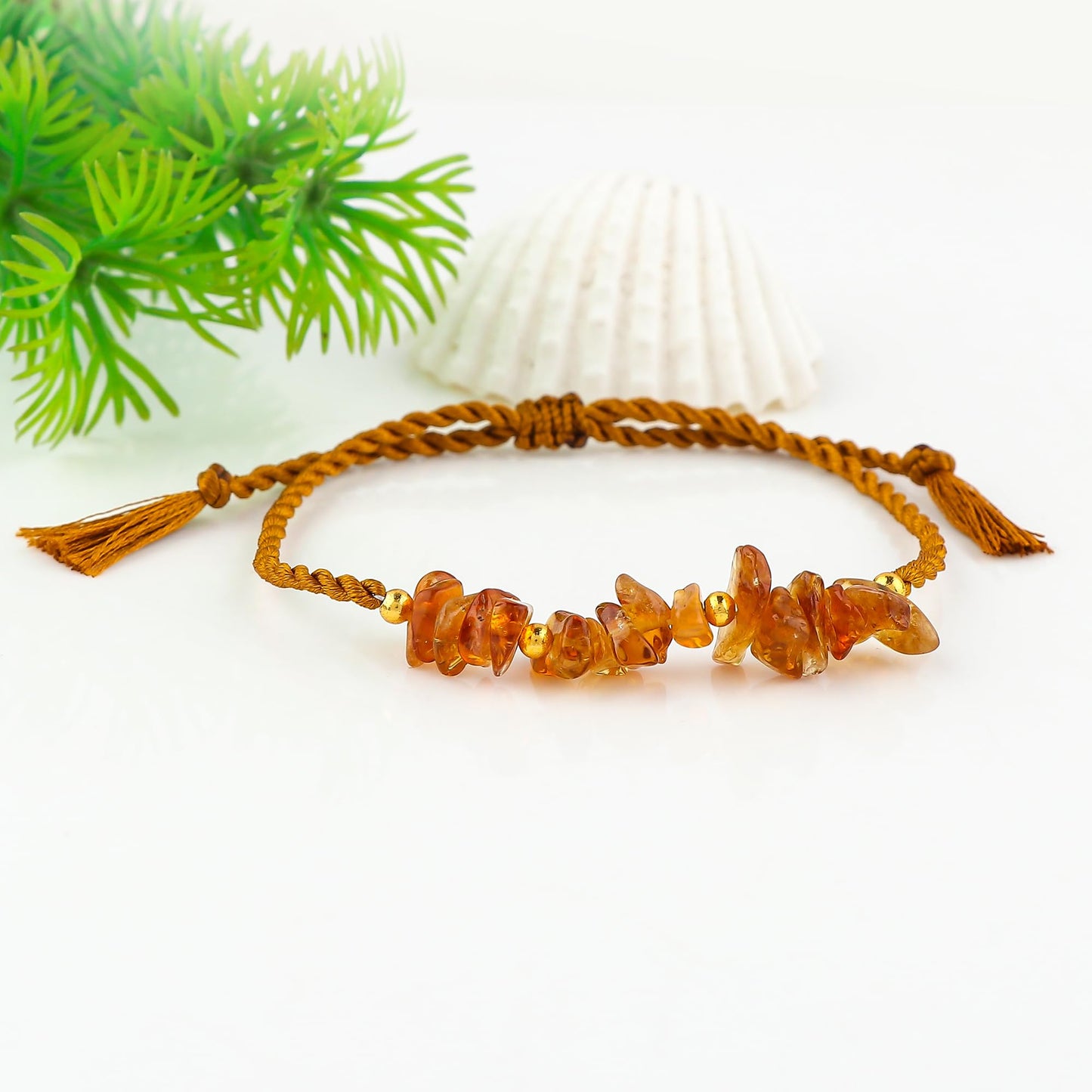GEMSYMPHONY Citrine Gemstone Chips Rope Bracelet – Adjustable Handmade Crystal Chip Bead Bracelet for Women & Men, Natural Stone Healing Jewelry, Boho Style, Unisex Spiritual Gift (Citrine)