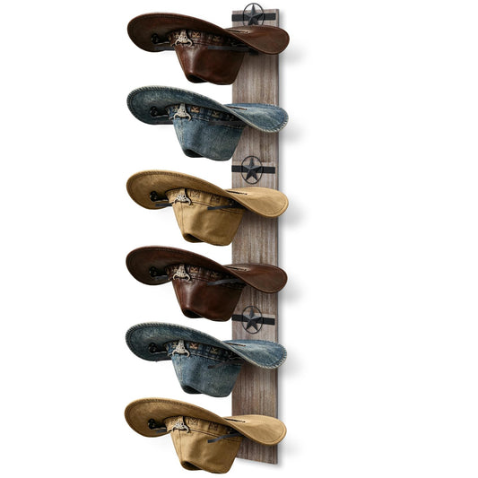 Cowboy Hat Rack for Wall, 3-Piece Wood Wall Mounted Hat Holder Organizer for 3-6 Cowboy Hats, Rustic Western Hat Hanger & Hooks for Closet Entryway Decor, Vertical or Horizontal Installation