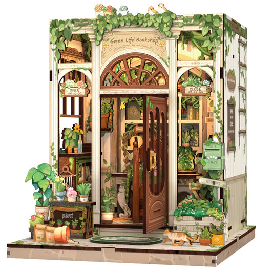 Fsolis Book Nook Kit, 3D Wooden Puzzles for Adults DIY Miniature House Mini Building Kit Booknook Bookstore Bookshelf Diorama Garden Kit Gift for Women Puzzle Lovers (Green Life's Bookshop)