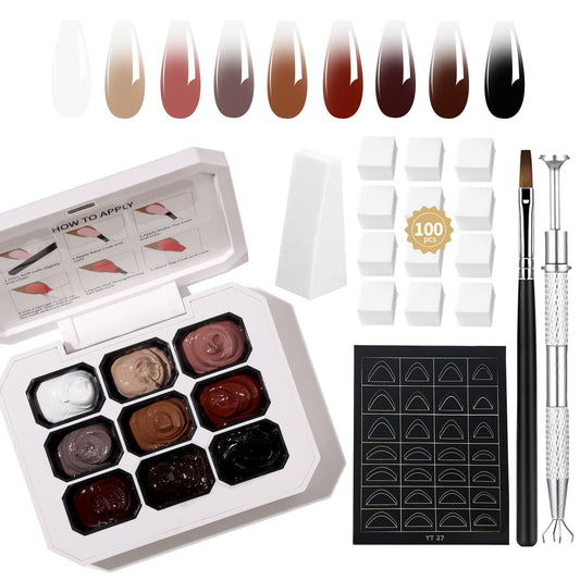 AOBOO Ombre Nail Polish Professional Gradient Nail Art 9 Color Pat Painting Gel With 100PCS Nail Sponges & Grabbing Pen For Efficient Completion Of Painting Gel For Nail Art Complex Design (1)