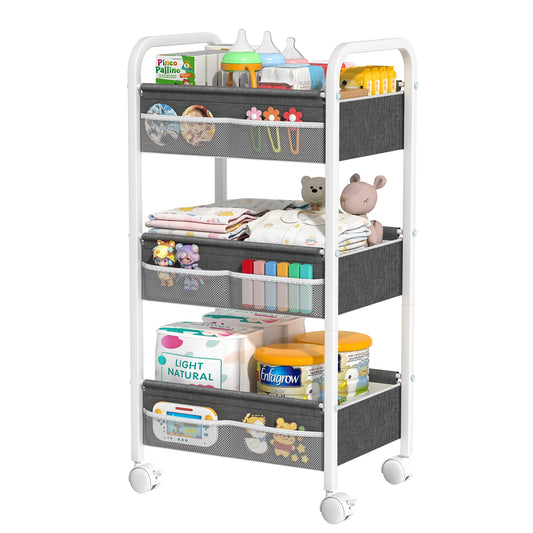 Baby Diaper Caddy Rolling Utility Cart, 3 Tier Baby Essentials Nursery Organizer and Storage with Dividers and Drawers for Crib, Bedroom, Art & Craft Organizer (White)