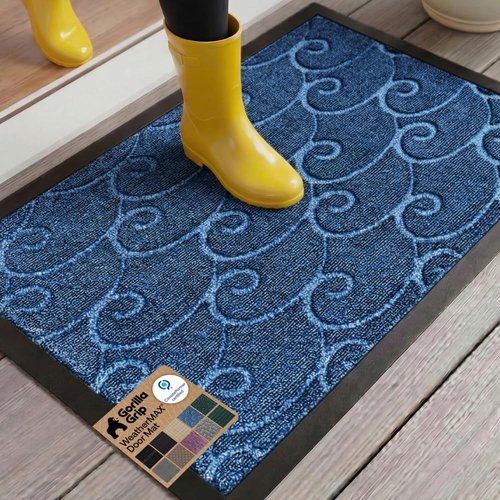 GORILLA GRIP Waterproof All-Season WeatherMAX Doormat - Stain & Fade Resistant, 29x17, Ocean Blue Waves