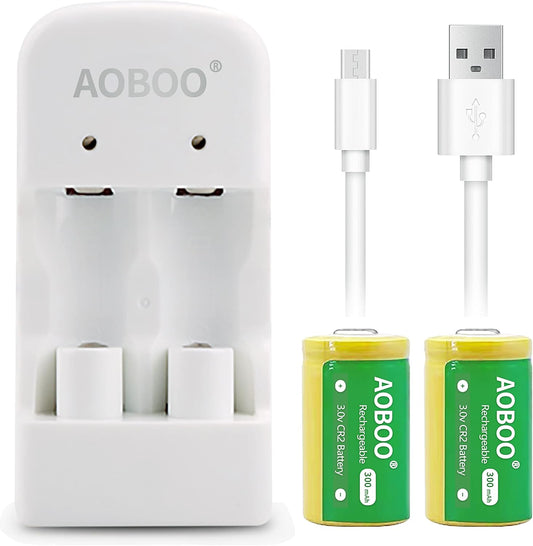 AOBOO 2pcs CR15H270 3V CR2 300Mah Rechargeable Battery with USB Charger,for Photo camera Disc Brake