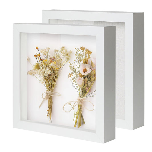 QDSSDECO 12"*12" Shadow Boxes Display Cases with Soft Linen Back Deep Wood Glass 3D Shadow Box Set for Wall and Tabletop, 2 Pack White