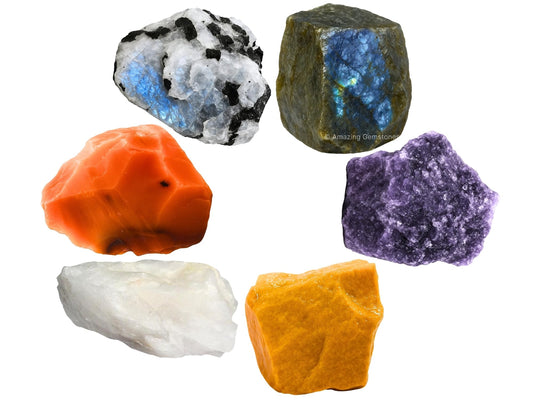 Amazing Gemstone Crystals for Teenagers Manifestation, Set of 6 Labradorite, Lepidolite, Rainbow Moonstone, Carnelian, White Agate and Yellow Jasper Healing Crystals and Stones