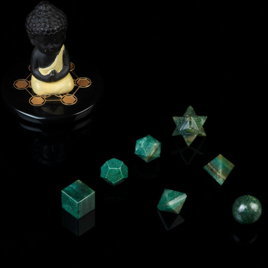 ZAICUS Green Mica Platonic Solids Crystal Set – 7 Sacred Geometry Stones for Meditation, Reiki, Chakra Healing & Energy Balancing, Spiritual Decor & Good Luck Gift (15–20 mm)