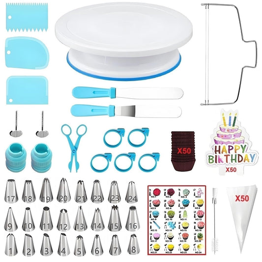 ANSLYQA Cake Decorating Kit, 193 Pcs with Cake Turntable, Leveler, 24 Numbered Icing Tips, 2 Spatulas, 2 Couplers, 3 Scrapers, 50 Pastry Bags, 50 Paper Cupcake Liners & More Baking Tools, (Blue)