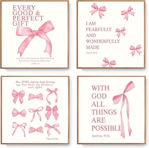 LARTSFRO Coquette Pink Bow Wall Art | Aesthetic Decor for Teen Girls - Set of 4 Unframed 10x10 Inch Prints