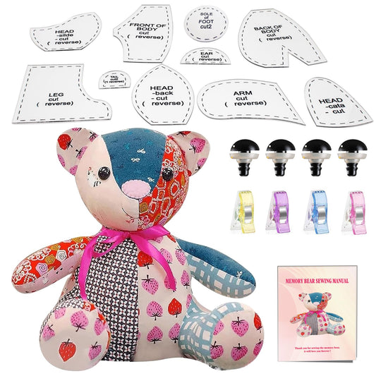 15in/Sitting Height 9in Fosdonge Acrylic Memory Bear Template Ruler Set with Detailed Instructions, Sewing Patterns for Beginners, Teddy Bear Quilting templates (Sitting Height 9in)