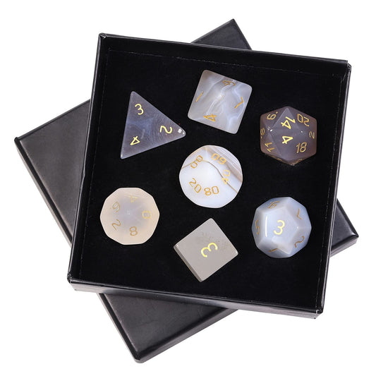 mookaitedecor 7 PCS Grey Agate Crystal Polyhedral DND Dice Set, Polished Tumbled Stones Dices for RPG MTG Table Games Home Decoration