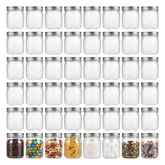 novelinks 8 oz Clear Plastic Mason Jars with Lids, 48 Pack Small Plastic Containers with Lids 8oz, Slime Containers with Lids & Spice Jars for Kitchen Organization (48 Pack,Silver)