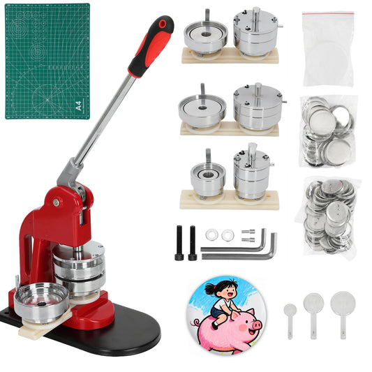 Multiple Sizes Button Maker Machine, Interchangeable Badge Press 1.25 Inch + 2.25 Inch + 3 Inch, DIY Pin Button Making Machine with 300 Sets Supplies, Circle Cutter and Cutting Mat Included