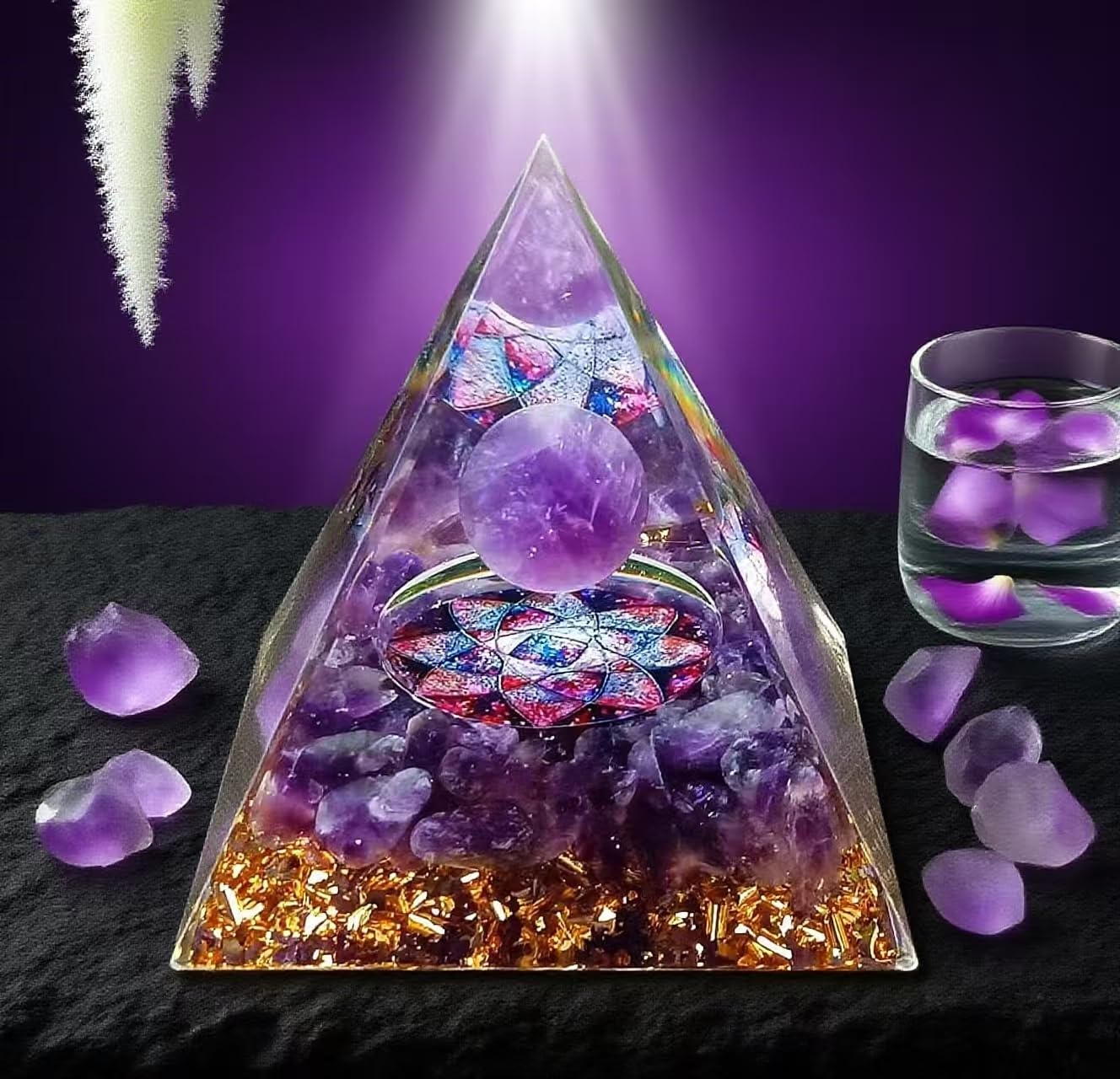 ycyingcheng Moonstone Crystal Orgone Pyramid Ogan Crystal Energy Tower, Nature Reiki Chakra Crushed Stone Jewelry, Crystal Pyramid for Home Decor (Amethyst)