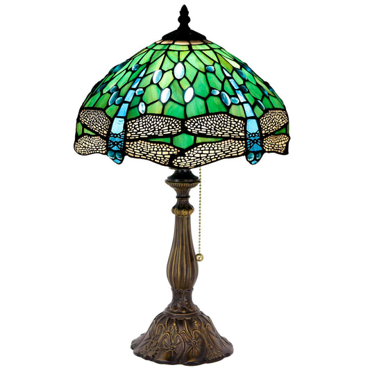 ZJART Tiffany Table Lamp Stained Glass Lamp 12X12X19 Inch Antique Reading Light (Green Dragonfly)