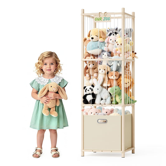 Stuffed Animal Storage Organizer - Large Wooden Toy Organizer with Drawer for Nursery, Bedroom, Kidroom, Natural Pine Material, Space-Saving
