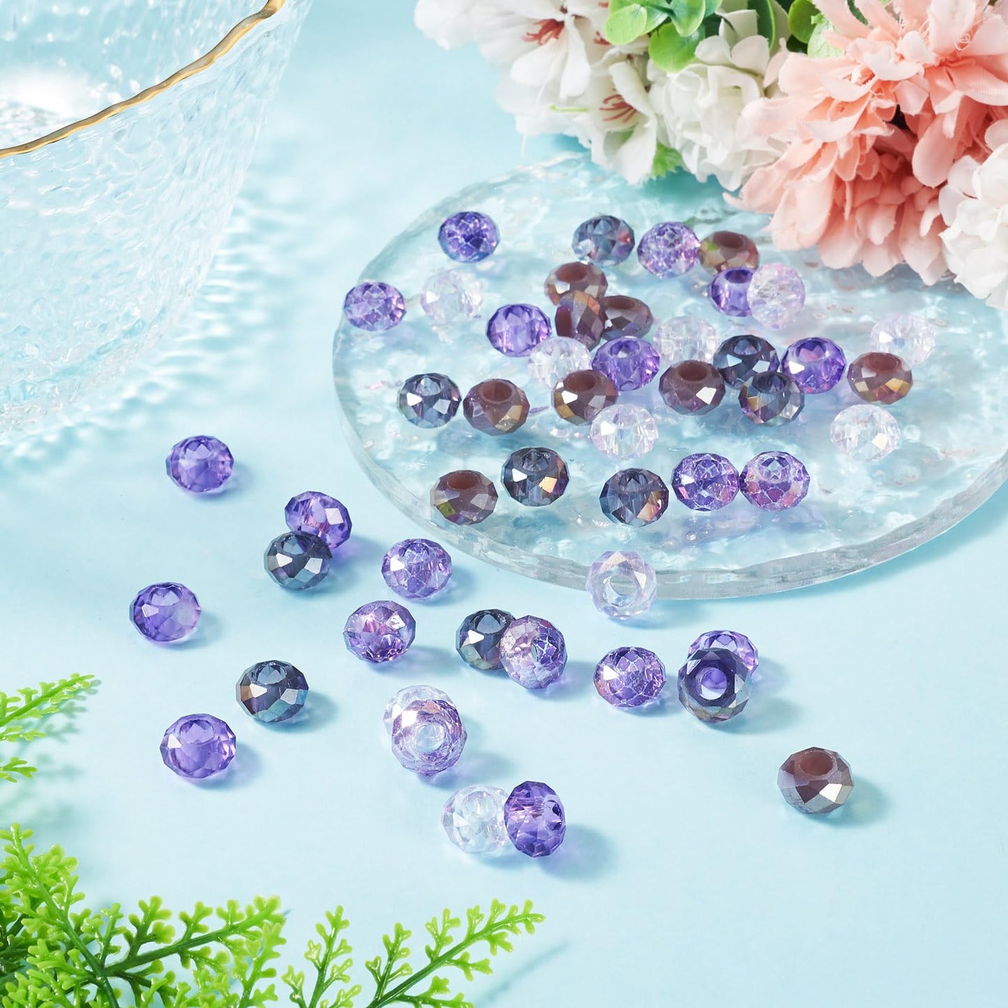Craftdady 50Pcs Large Hole European Beads Glass Faceted Crystal Bead AB Color Rondelle Loose Bead Purple Color Theme Beads for Crafts DIY Necklace Bracelet Jewelry Making Hole: 5.5-6mm