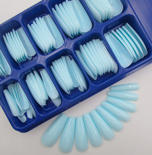 100pc Colored Coffin Press on Nails Glossy Light Blue Ballerina Shape Long Coffin False Fake Artificial Acrylic Nail Tips Women Girls Manicure Decor (Baby Blue)