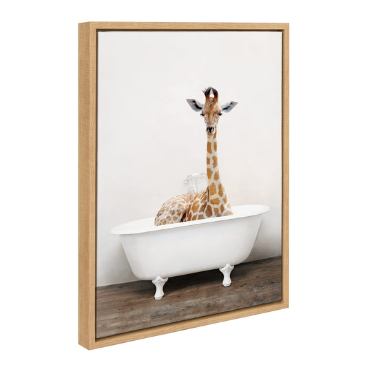 Kate and Laurel Sylvie Giraffe 2 in the Tub Color Framed Canvas Wall Art by Amy Peterson Art Studio, 18x24 Natural, Modern Fun Decorative Bathtub Wall Art for Home Décor