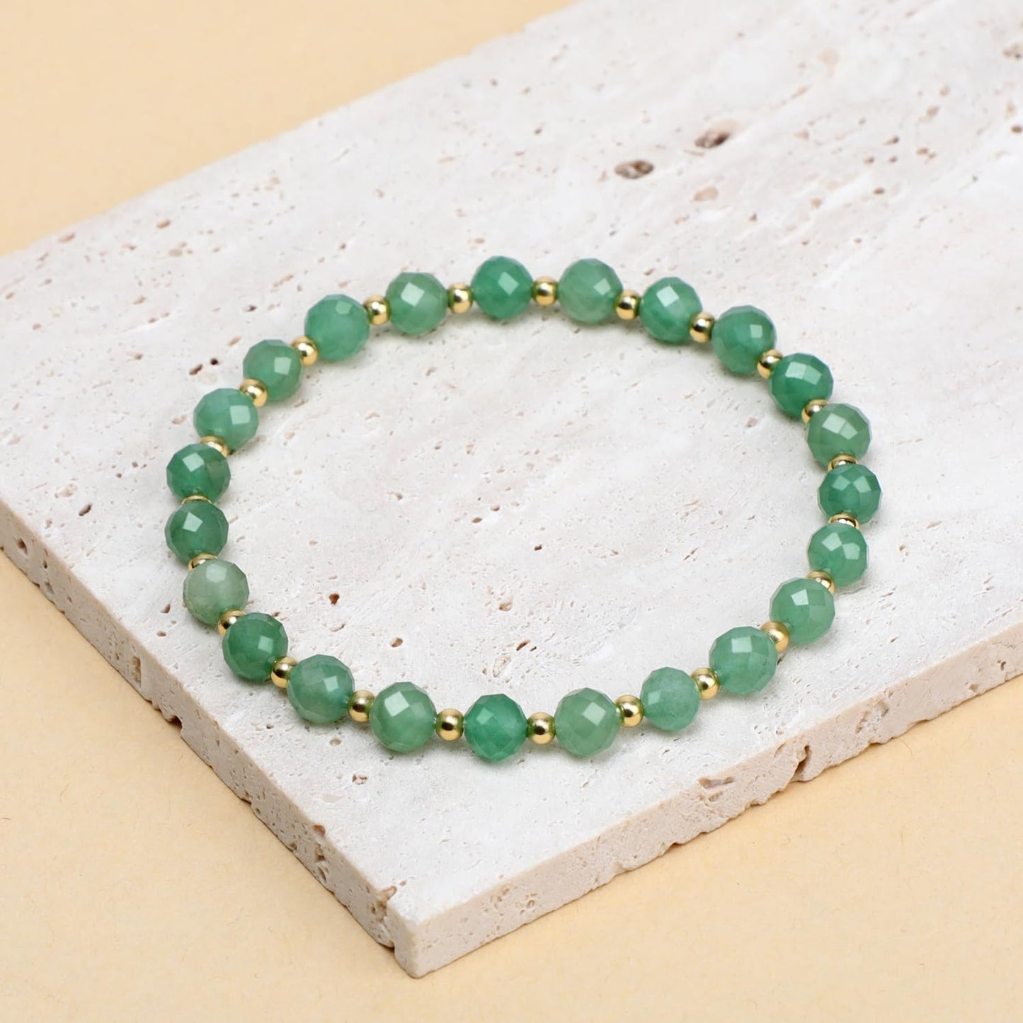 QOGIR Green Aventurine - Prosperity - 14K Gold Plated Beads Natural Gemstone Stretch Elastic Dainty Healing Beaded Bracelets Gifts 6mm