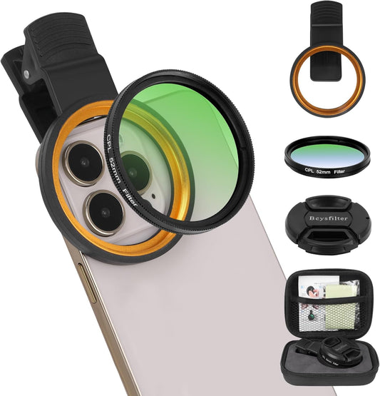 Beysfilter 52MM 16 15 14, CPL Filter for Phone, Clip-on Circular Polarizing Lens, HD Multi-Coated Optical Glass, Camera