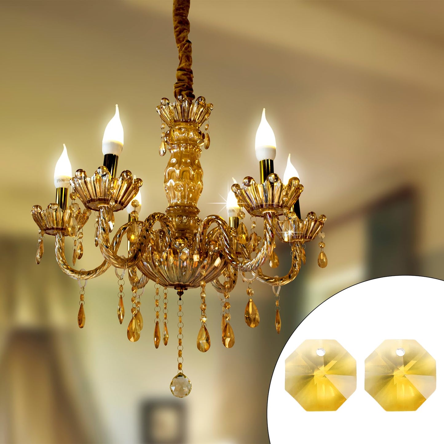 uxcell 50Pcs 1 Hole Crystal Octagon Beads, 14mm K9 Glass Hanging Chandelier Beads Prisms Parts for Crystal Chandeliers Lamp Hanging Pendant Jewelry DIY Craft, Yellow