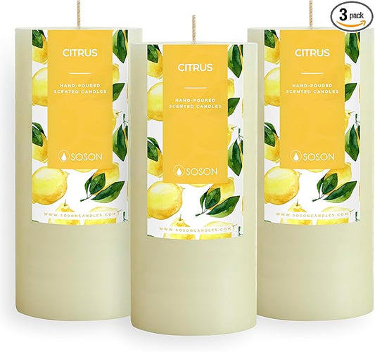 Simply Soson Citrus Scented Candle Set - 3x6 Ivory Pillar Candles for Home Aromatherapy Gift