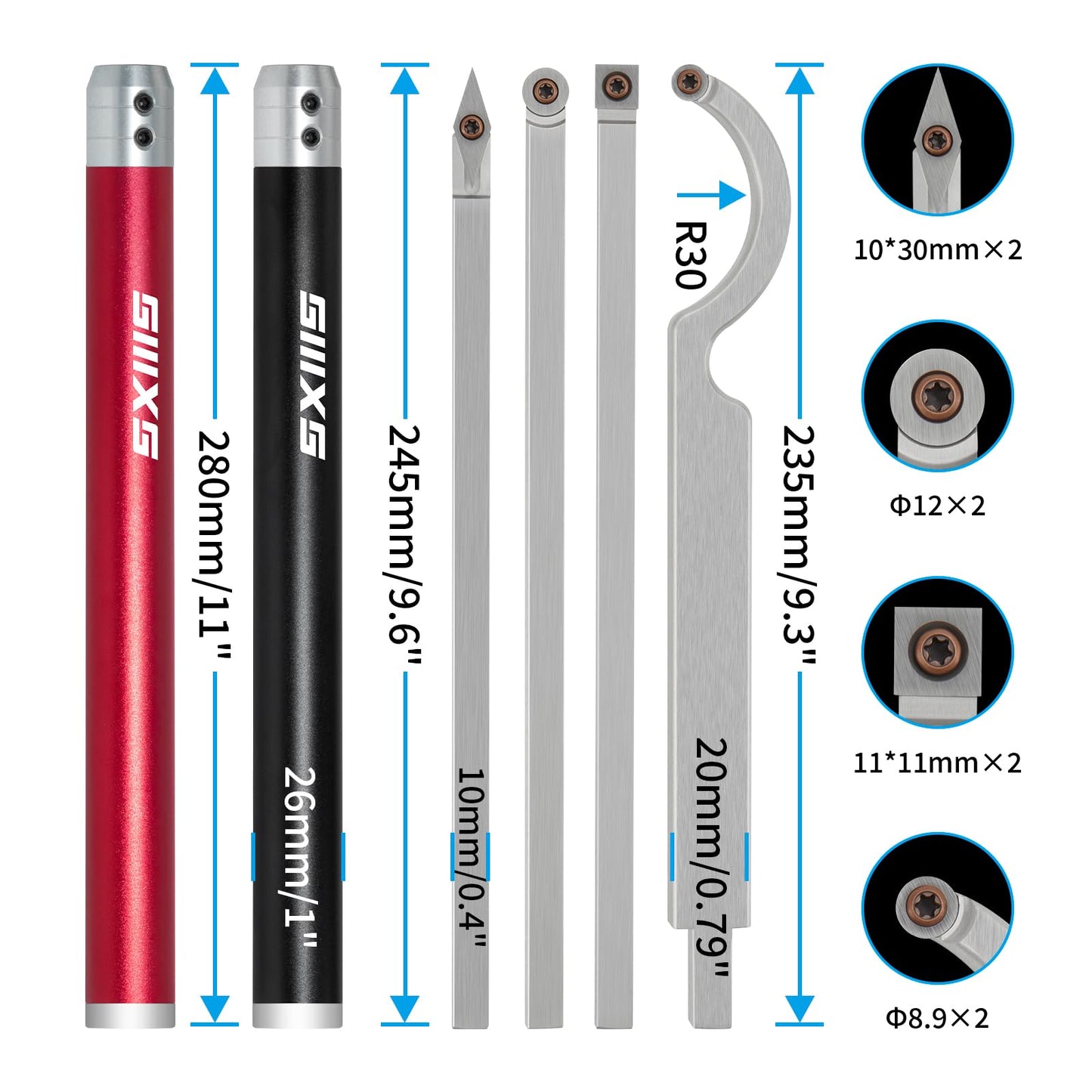 SIIIXS Carbide Tip Wood Lathe Turning Tool set With Bowl sander, Lathe Roughing and Finishing Hollowing Tool Interchangeable Aluminum Alloy Handle with 8pcs Carbide Inserts For Woodturning