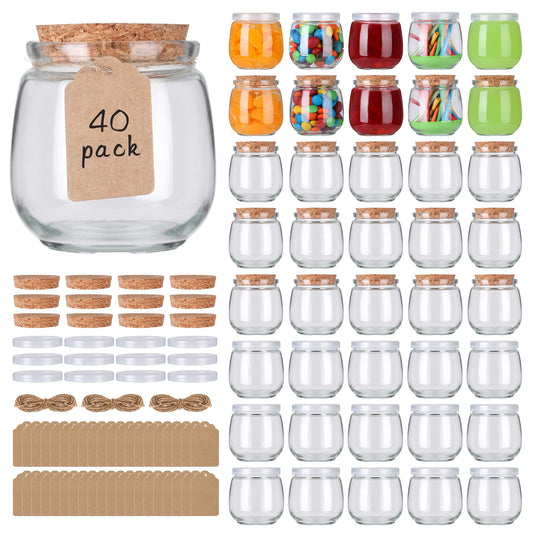 Mcupper 40 Pack 7 oz Glass Yogurt Jars with Cork Lids and PE Lids, Small Glass Pudding Jars, Glass Jars for Wedding Favors, Milk, Jams and DIY Gift, Label, Tags and Twine included