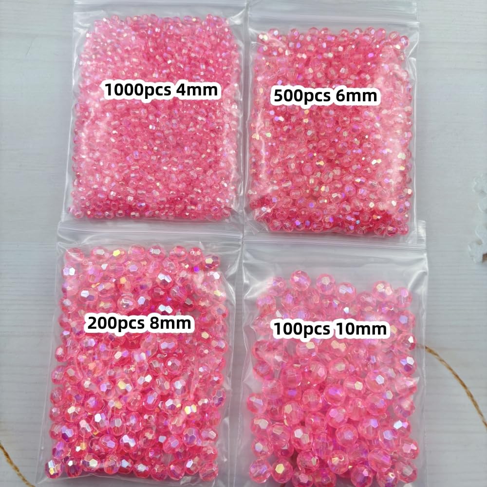 Pinhoollgo 1800pcs Acrylic Faceted Round Beads 4mm 6mm 8mm 10mm AB Colors Glossy Acrylic Round Spacer Beads with Hole for DIY Bracelet Necklace Jewelry Making Supplies Handmade Craft(Dark Pink AB)