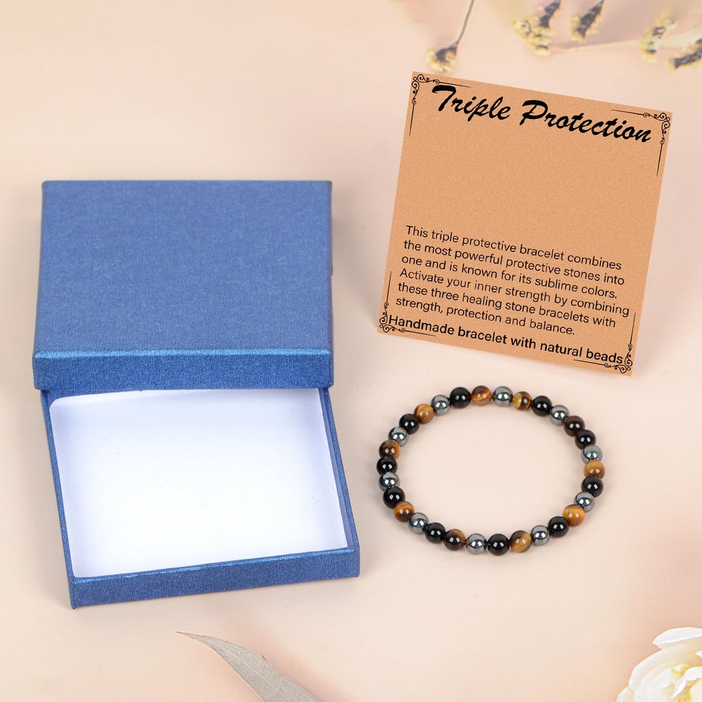 LPBeads Handmade Natural Gemstone Stretch Elastic 6mm Onyx Tiger Hematite Mixed Stone Bracelet Healing Crystal Round Stone Beads Jewelry Gifts for Women Men