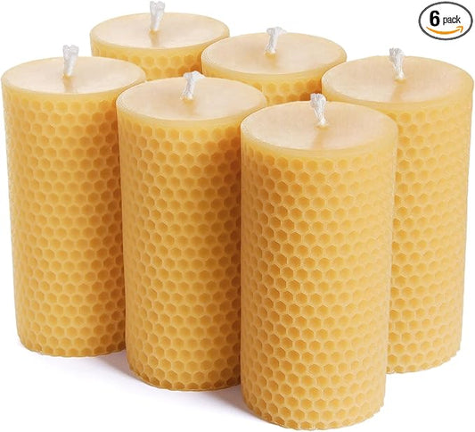 Pure Natural Beeswax Pillar Candles Bulk - Pack of 6 - Honeycomb Surface, No Scent- for Emergency/Prayer/Relax (2inch Diameter, 4 inch Tall - Yellow)