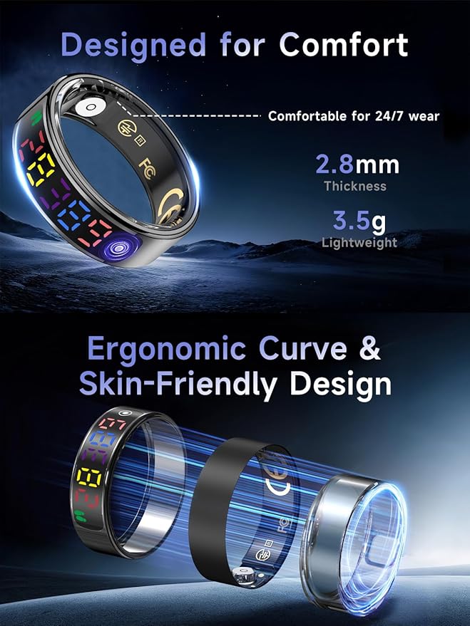 Smart Ring for Women Men, Health Ring with Colorful Display, Fitness Tracker with Heart Rate, Blood Oxygen, Sleep Monitor, No Subscription Fee, 5ATM Waterproof for iPhone & Android (Silver, 9)