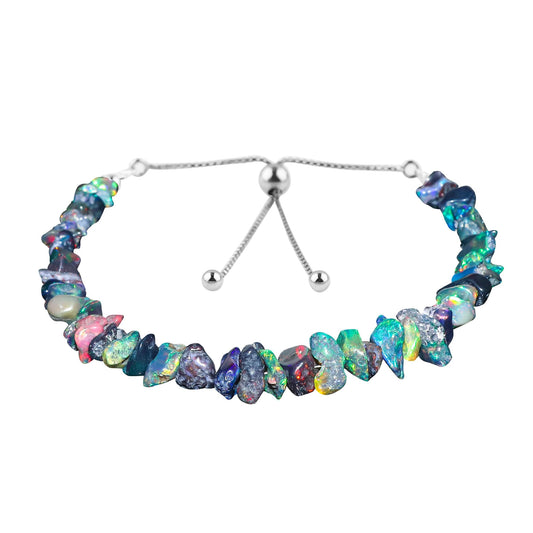 CRYSTALIS Black Opal Bracelet, Natural Raw Stones, Fire Play Rough Gemstones, Chakra Healing Crystals, Gift Giving Jewelry, Rhodium 925 Sterling Silver Women Slider Bolo Bracelet 10 inch (6+4")