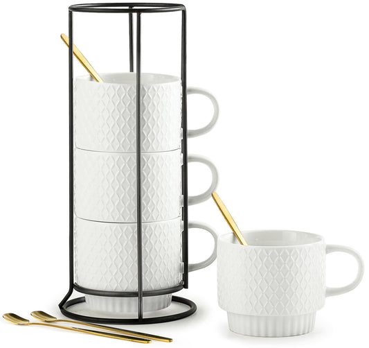 LYEOBOH Stackable Coffee Mugs with Rack, 13 oz Ceramic Coffee Mug Set of 4 with Stand, Latte Cup with Spoon, Cappuccino Cups for Hot Cocoa, Milk, White