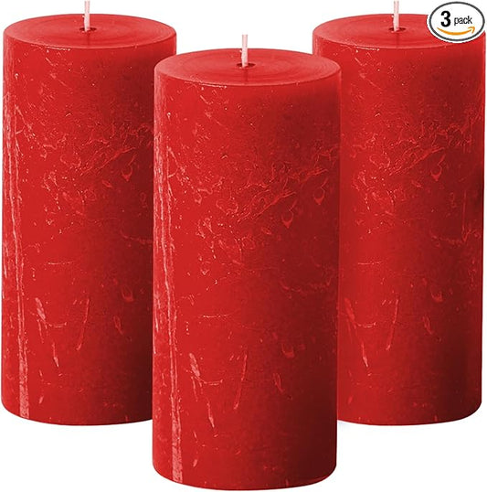 Simply Soson 3x6 inch Red Pillar Candles Set of 3, Rustic Texture, Unscented Red Candles, Dripless Candles, 3 inch Pillar Candles Ideal as Wedding, Parties, Spas, Dinner, Home Decoration, Church