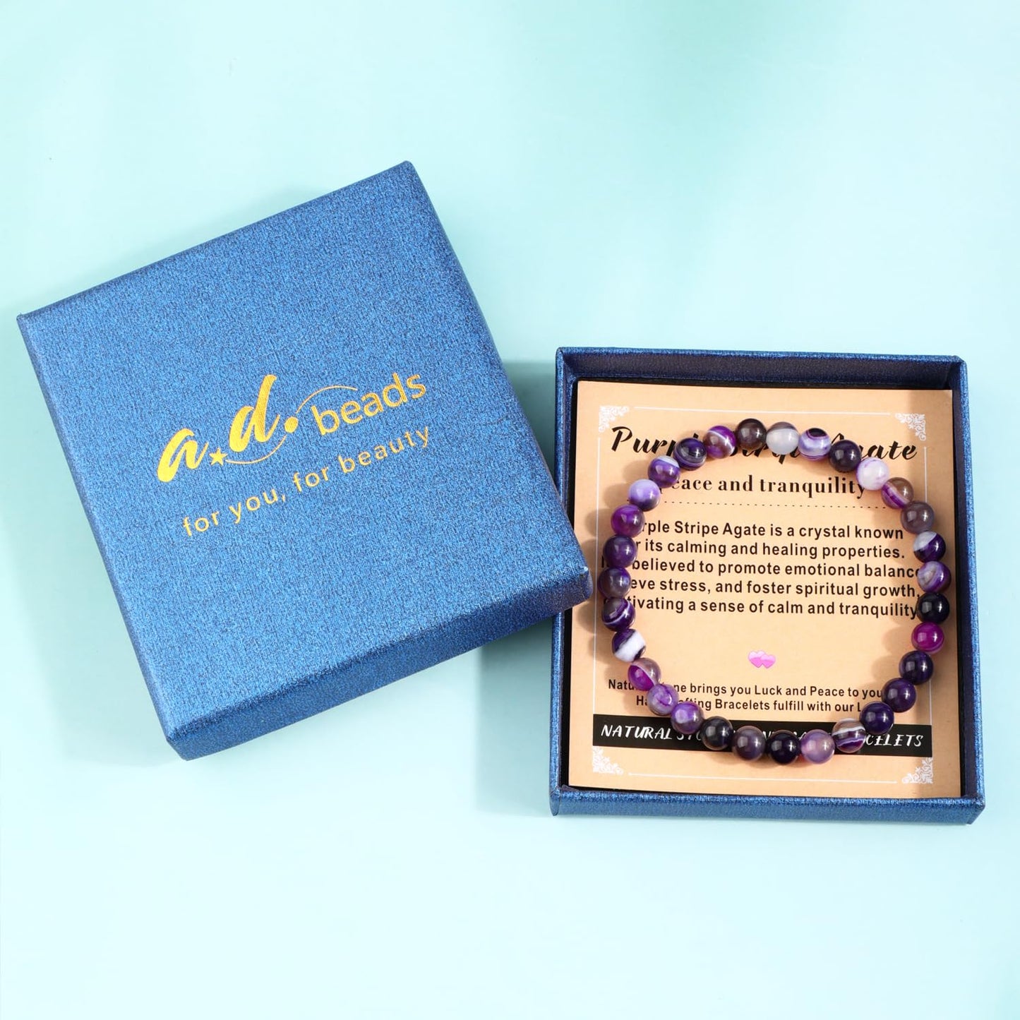 AD Beads 10mm Handmade Purple Stripe Agate Elastic Bracelet – Natural Gemstone for Peace and Tranquility – Meditation, Yoga, Healing and Energy Gift for Men Women