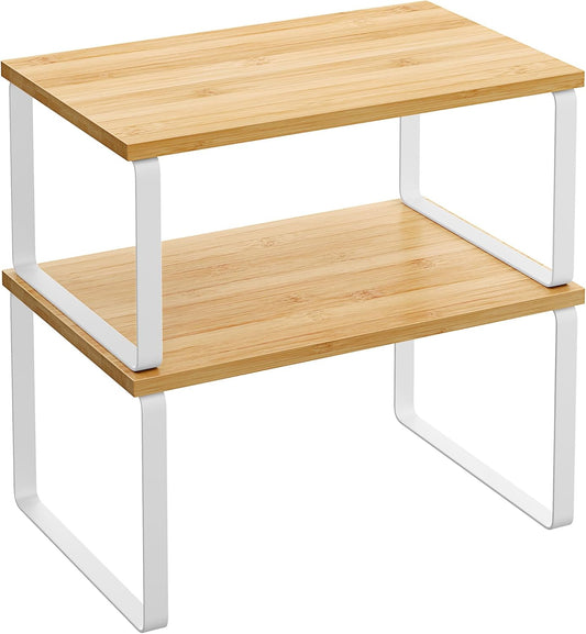 SONGMICS Kitchen Organizer Shelves - Set of 2 Stackable Spice Racks in Cloud White & Natural Beige
