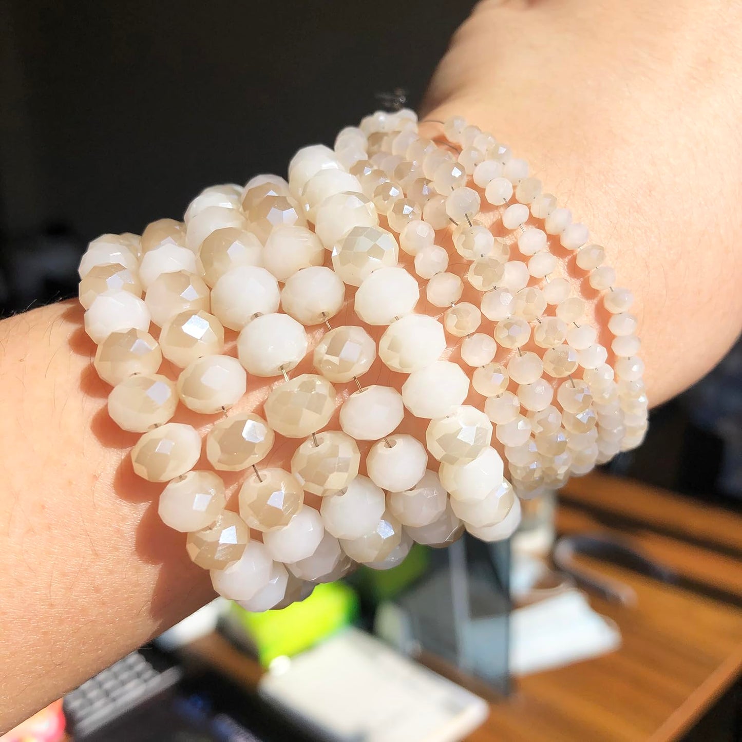 NITOPUPU 300pcs 8mm Crystal Glass Beads for Jewelry Making Faceted Rondelle Flat Beads for Bracelets Necklace Earrings DIY Crafts (White Jade Half-Plated Crystal Bead)