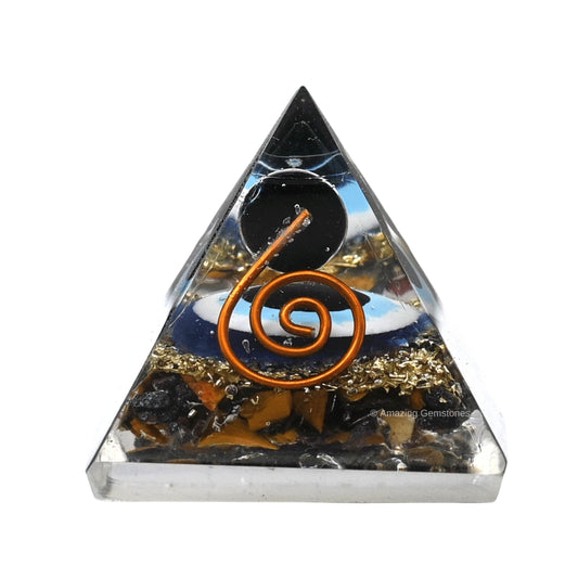 Amazing Gemstone Ultimate Protection Orgone Pyramid with Evil Eye Black Obsidian Sphere - Triple Protection Crystals Tiger Eye Hematite & Black Obsidian (30mm, Small)