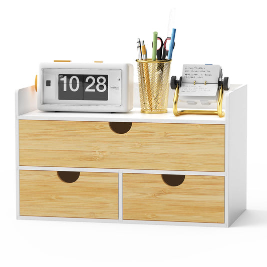 Desk Organizer with Drawers - Bamboo Desktop Organizer Storage | White-Natural Wood Desk Drawers Organizer for Bills, Office Supplies, Cosmetics, Seals No Assembly Required