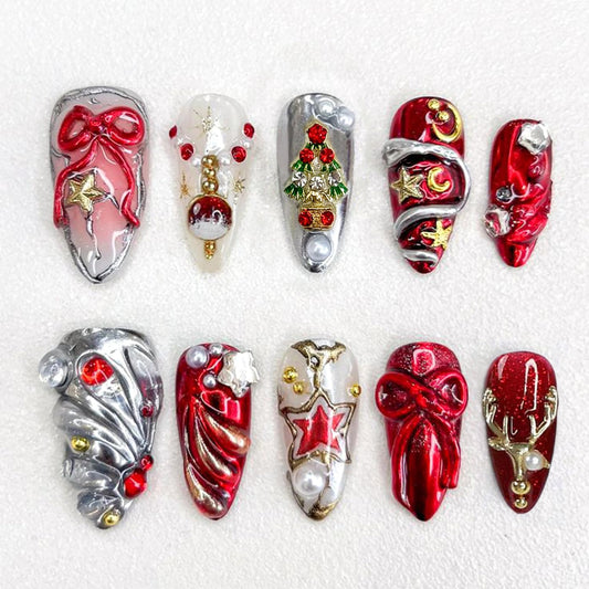 10Pcs Christmas Handmade Press on Nails Medium Almond Fake Nails Red Silver Y2k False Nails with Elk Xmas Trees Gems Design 3D Bow Star Stick on Nails Winter Glitter Full Cover Glue on Nail for Women